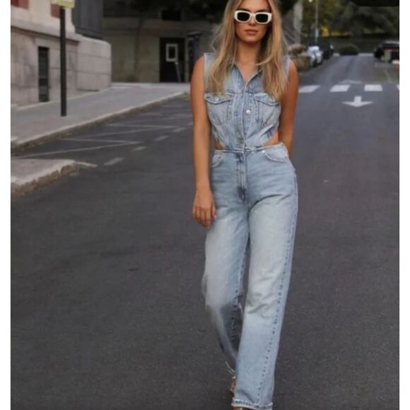 NWT Zara Full Length Denim Cut Out Jumpsuit Sz XL Sleeveless Distressed - Picture 15 of 16
